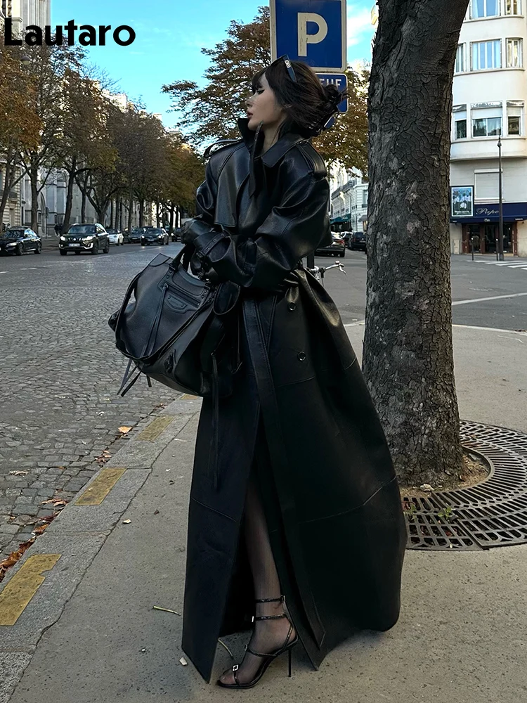 Lautaro Spring Autumn Extra Long Black Pu Leather Trench Coat for Women with Back High Slit Luxury Chic European Fashion 2024 4