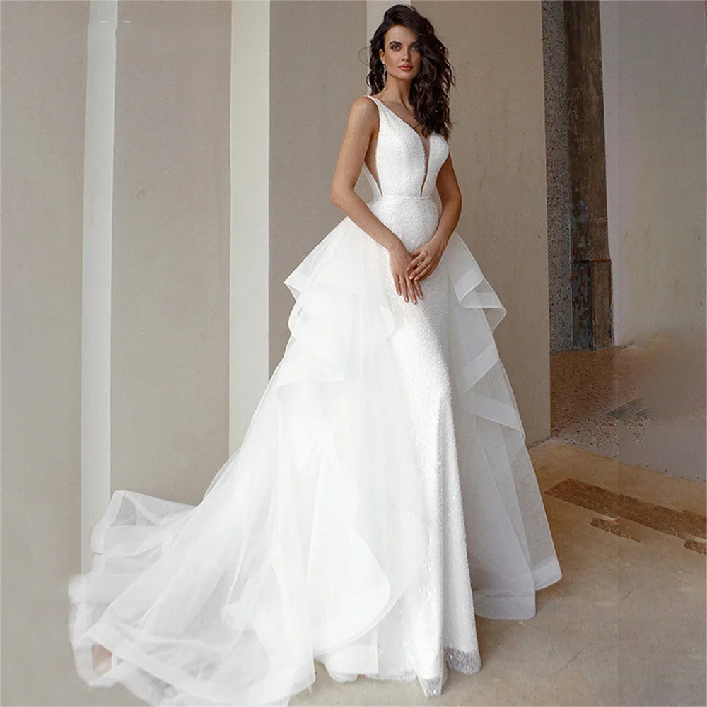 

Luxury Sequins Mermaid Wedding Dresses Sleeveless V Neck Backless Bridal Gowns With Tulle Detachable Train Vestido De Novia 2024