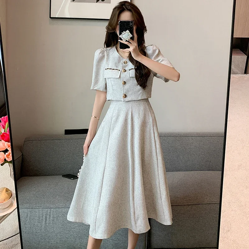 

Small Fragrant New Summer Fashion Korean Sweet Elegant 2 Piece Set Women Coat Top + Midi Skirt Suits Womens Two Peice Sets