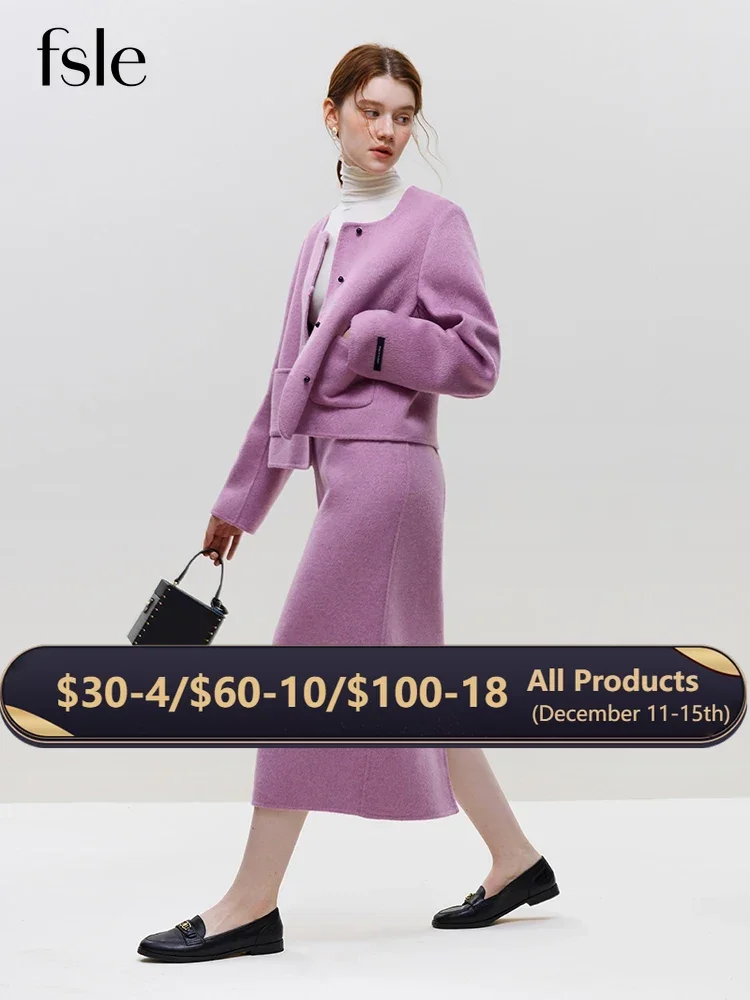 Women's Half Turtleneck Single Breasted Wool Coat Skirt Set
