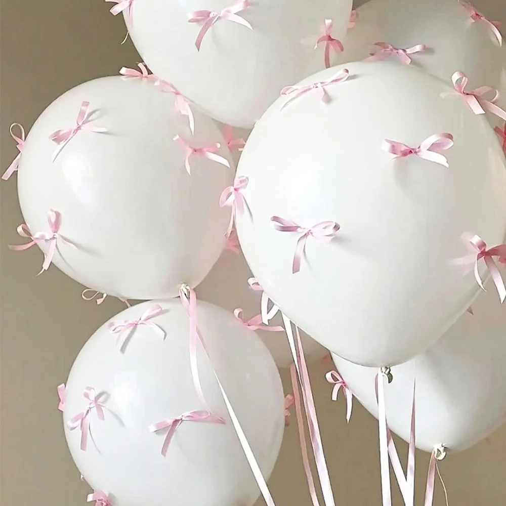 Bow Balloons Set White Balloon Mini Pink Ribbon Bows Girls Birthday Party Decorations Baby Shower Wedding Bridal Valentine's Day