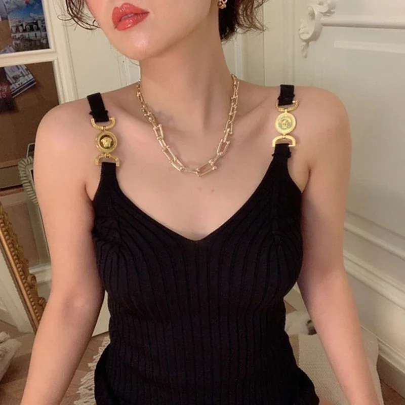 Combhasaki Débardeur Y2K en tricot côtelé pour femme, col en V, chaîne en métal, coupe cintrée, respirant, polyvalent, streetwear, pull-over