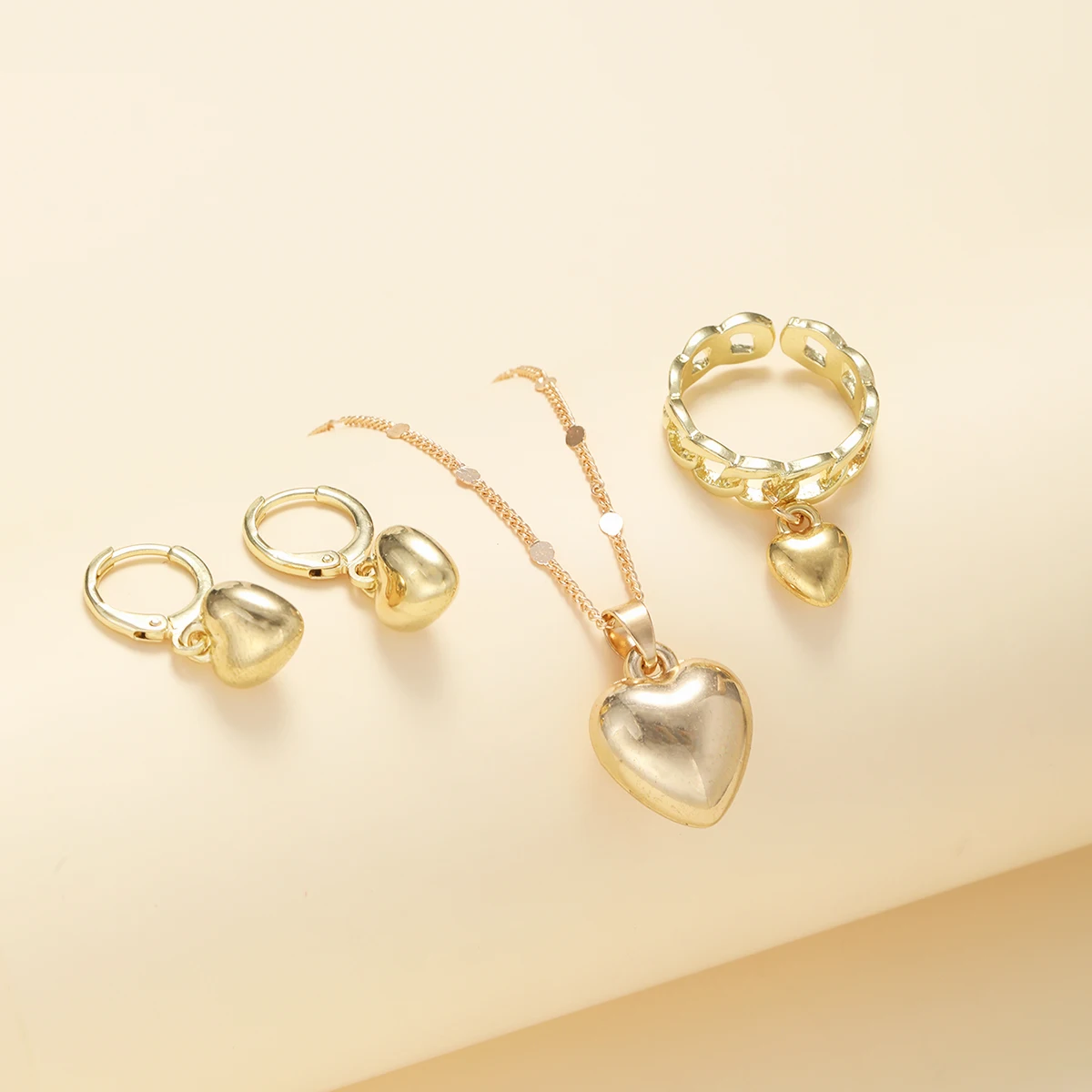 New 4 Pcs Glossy Gold Plated Metal Love Heart Dangle Earrings Necklace Ring Jewelry Set for Women Simple Dainty Daily Wear Gifts