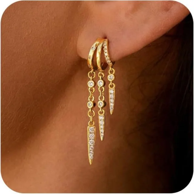 Boucles d'oreilles Triple Huggie plaquées or 14 carats pour femmes, chaîne scintillante CZ, pompon hypoallergénique, bijoux cadeaux