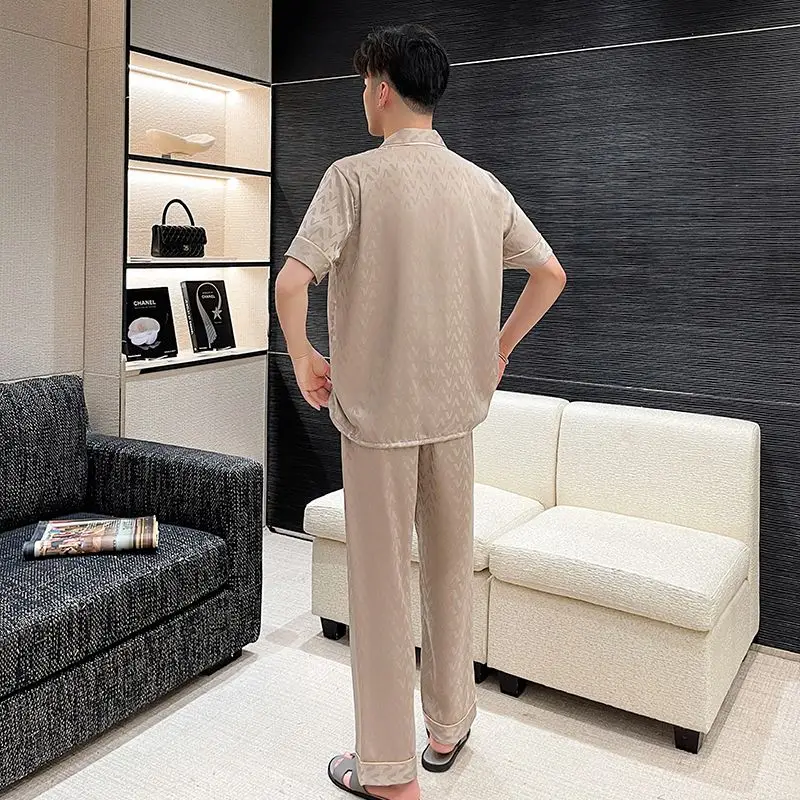 Ice Silk Pajamas Men Three Pieces Suit Short Sleeve Long Pants Shorts Sleepwear Summer Loungewear Luxury Brand Lounge Set