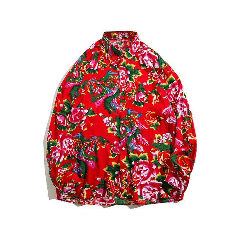 

2024 Spring New Men's Casual Fashion Printed Shirt Red Printed Long Sleeve Shirt