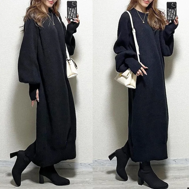 

Japanese Internet Celebrity Recommends New Black Long Dress That Looks Slimmer Paired With A Casual Coat And Long Sleeved Dress