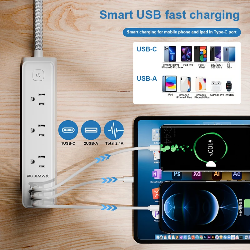 PUJIMAX ÷ Ƽ, 5 Ʈ ͽټ ̺, 5AC ܼƮ,  3 USB  ,  Ʈ Ȩ  ȣ