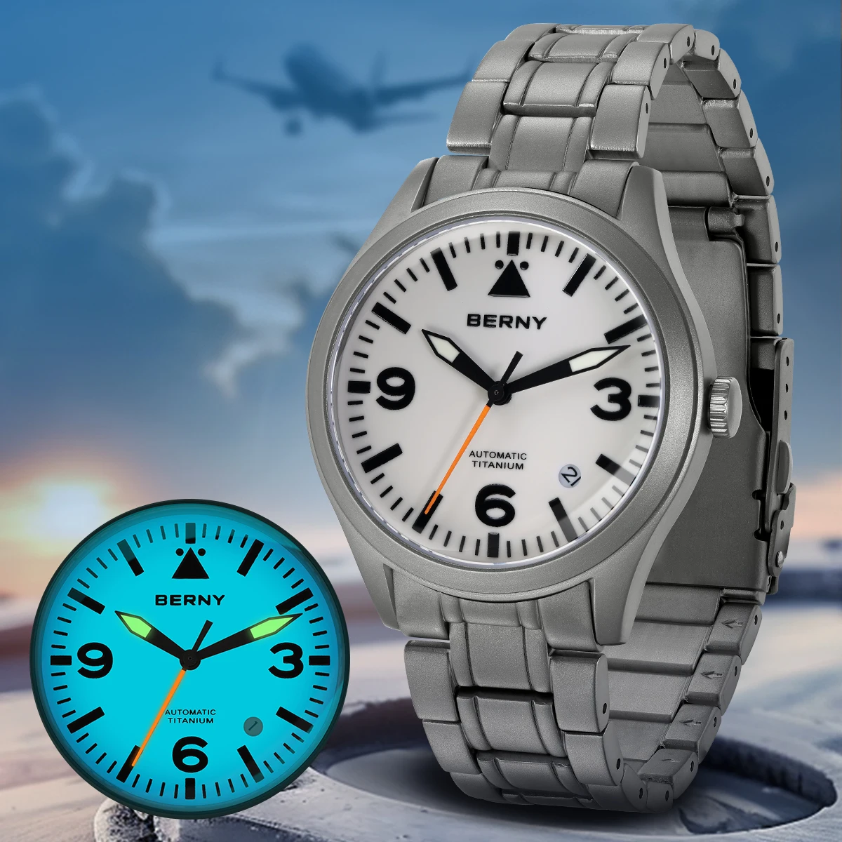 BERNY パイロットウォッチ フルチタン BERNY Pilot Titanium Mechanical Men Wristwatch Sapphire AR