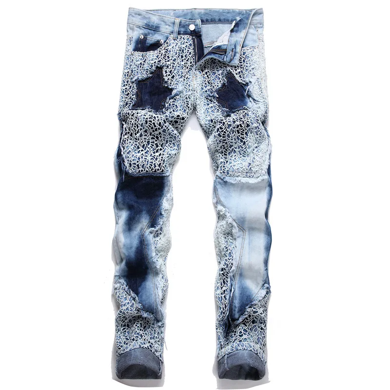 

Punk Elastic Mens Stars Denim Jeans Fashion Spider Web Patchwork Stretch Pants Tie Dye Fringe Ripped Loose Straight Trousers