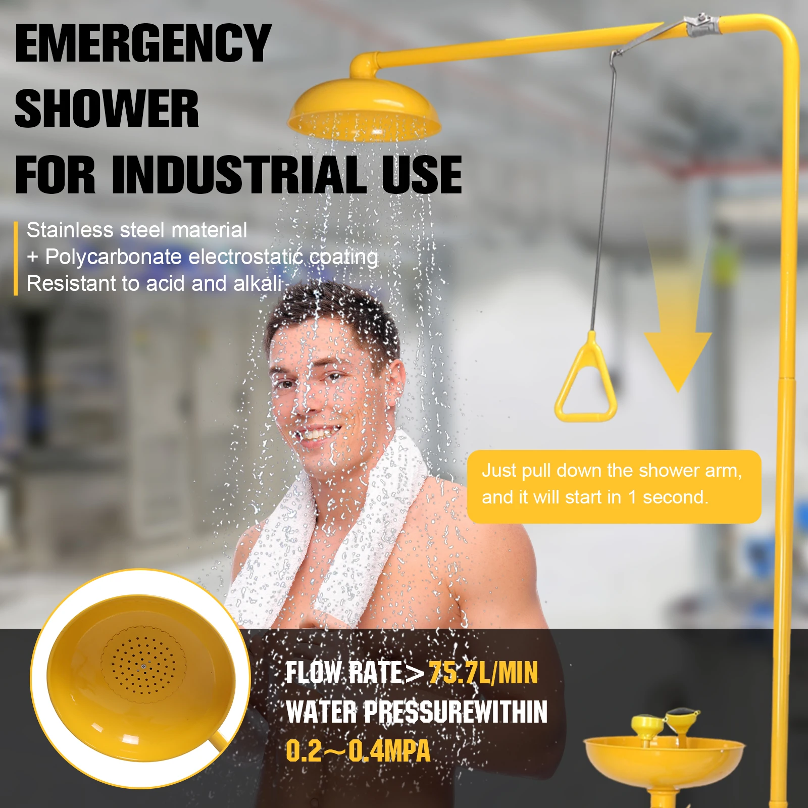 304 Stainless Steel Emergency Shower Eye Wash Station NPT Thread Shower Set and Eye Wash with ABS Coating Vertical Eye Washer