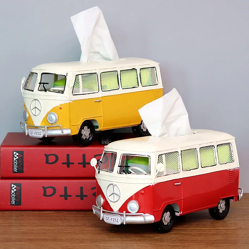 Bus Model Figurines Retro Car Tissue Holder Dustproof Napkin Storage Box Paper Case Ornament for Office Home 2
