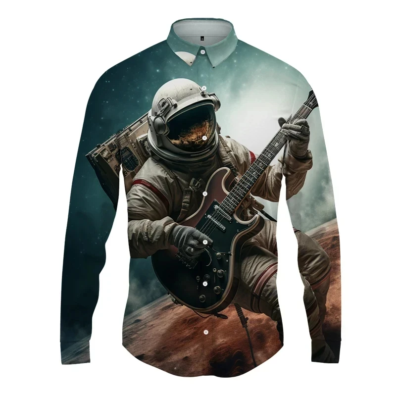 thumbnail image 1 of Camisetas con estampado 3D de astronauta espacial para hombre, camisetas casuales de manga larga con botones, ropa de calle, blusa de gran tamaño para hombre, 1 of 4