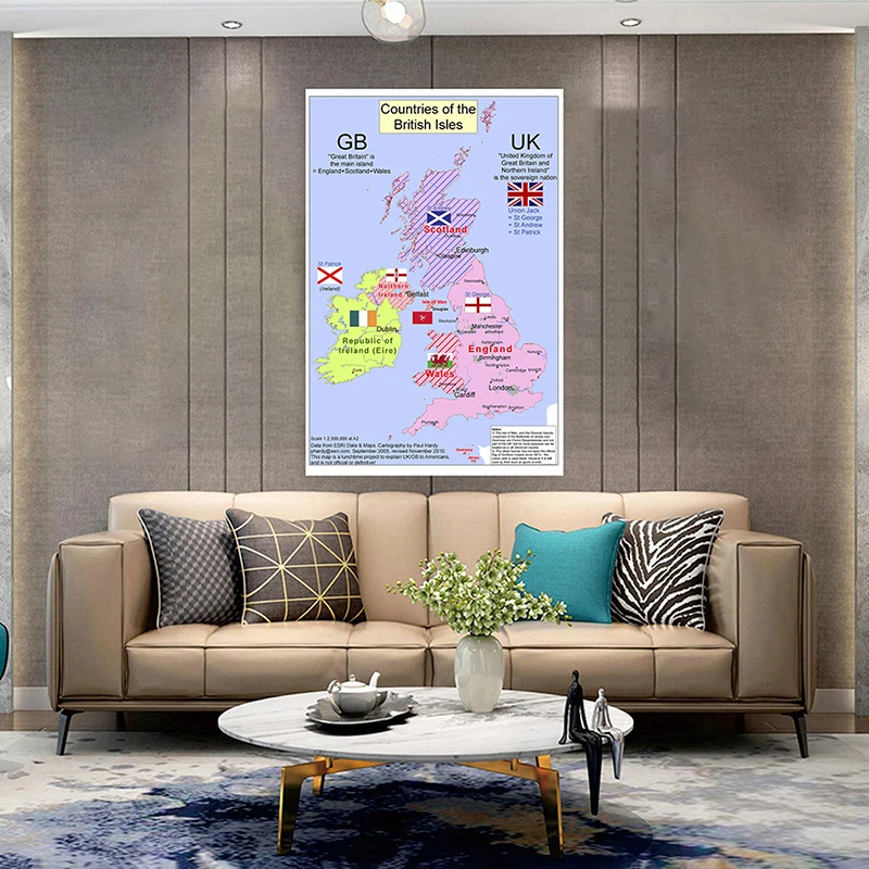 Non-woven Fabric 100x70cm Vertical Version Spray British Map In English Artistic Background Wall Chart Home Decor Room Supplies