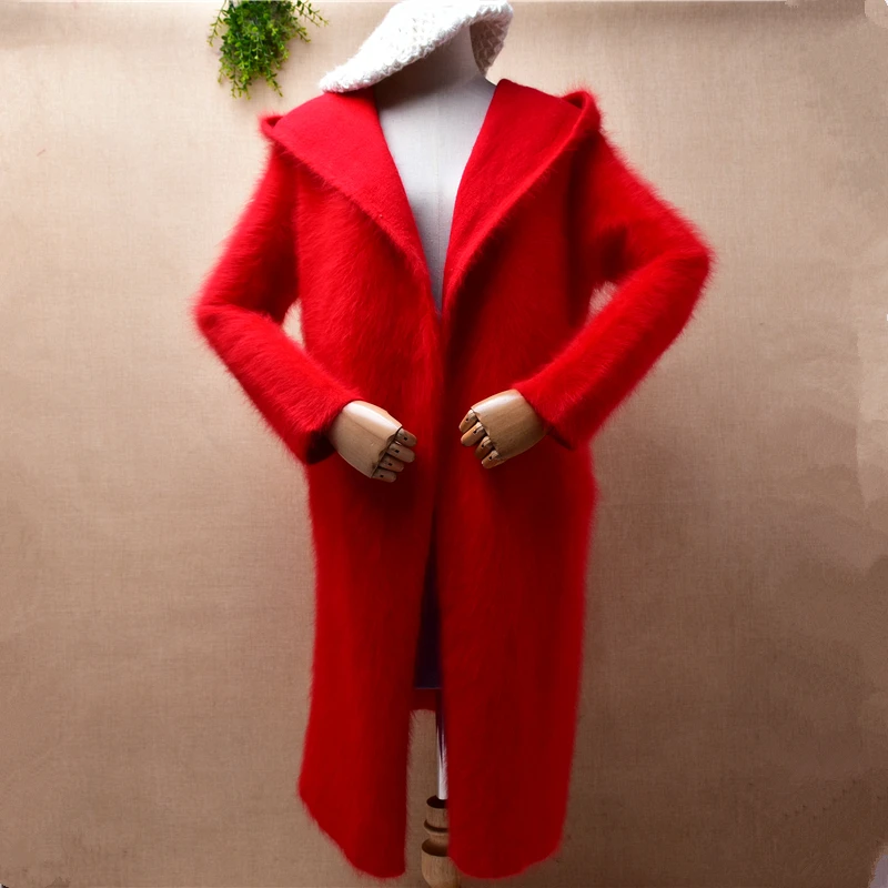 

Female Women Fall Winter Red Hairy Mink Cashmere Knitted Hooded Long Sleeves Loose Long Sweater Cardigan Coat Jacket Pull Tops