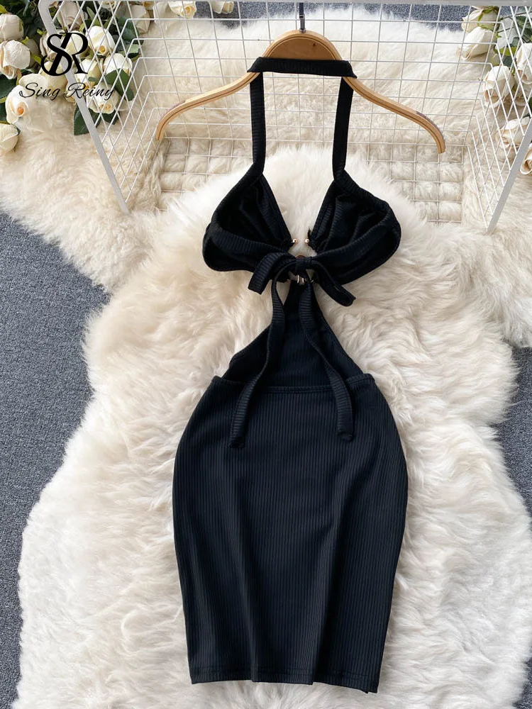 SINGREINY Sensual Camis Female Dress French Sleeveless Lace Up Sheath Dress 2023 Women Slim Short Halter Backless Sexy Dress 2