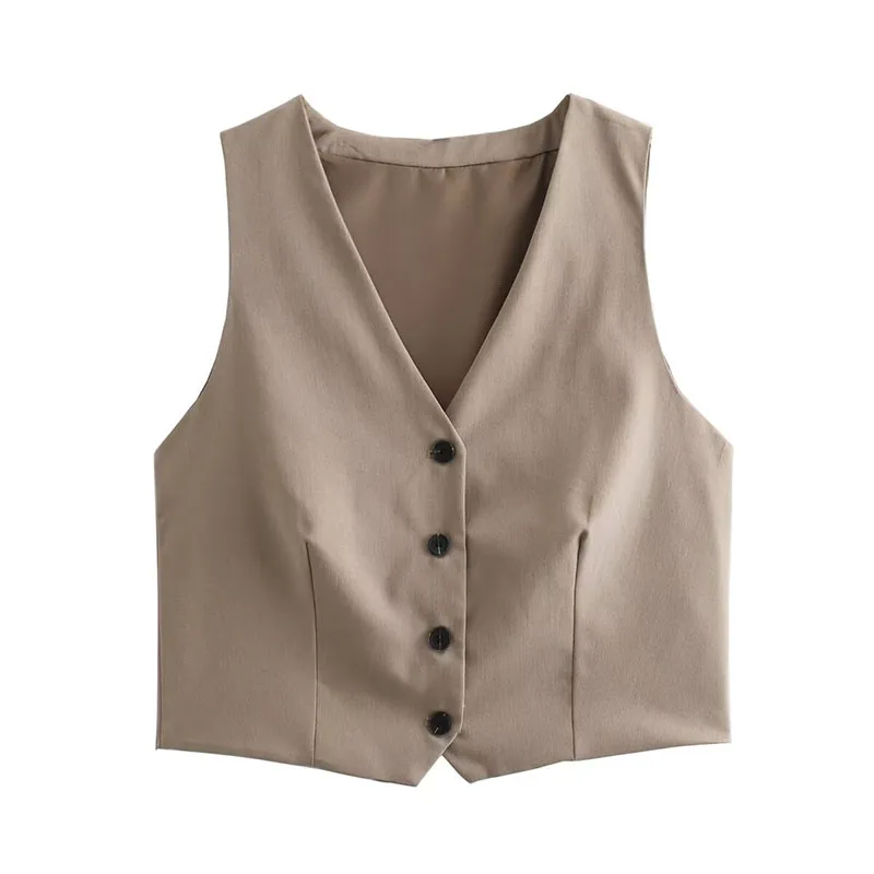thumbnail image 1 of Conjunto de chaleco de moda para mujer HH TRAF, chaleco sin mangas con escote en V y una botonadura, cintura alta elástica, bolsillos, cordón ajustable y pantalón de pierna ancha, 1 of 5