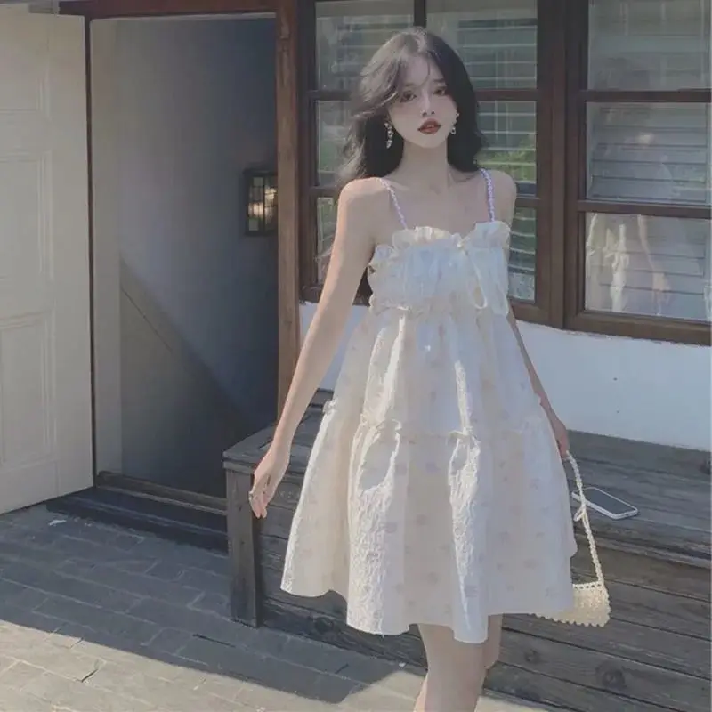 

French Style First Love Dress Summer Sweet Puffy Floral Print Small Loose Korean Style Short Skirt Super Fairy Women's Suspender