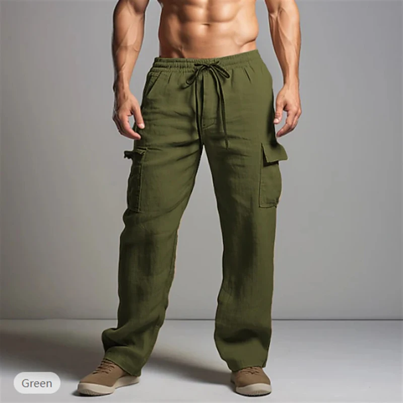 Men's Cotton Linen Long Pants Summer Solid Color Breathable Linen Trousers Male Casual Elastic Waist Casual Pants Harajuku Trous