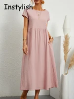 Women Elegant Solid Maxi Dress Summer Short Sleeve O Neck Vintage Harajuku Cotton Linen Loose Sundress Y2K Pockets Long Dress