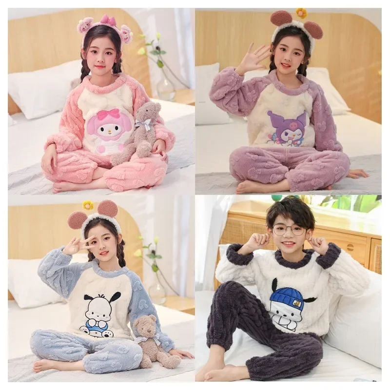 

Sanrios My Melody Cinnamoroll Pochacco Cute Boys Girls' Flannel Pajama Set Kawaii Autumn Winter Warm Home Clothing Children Gift