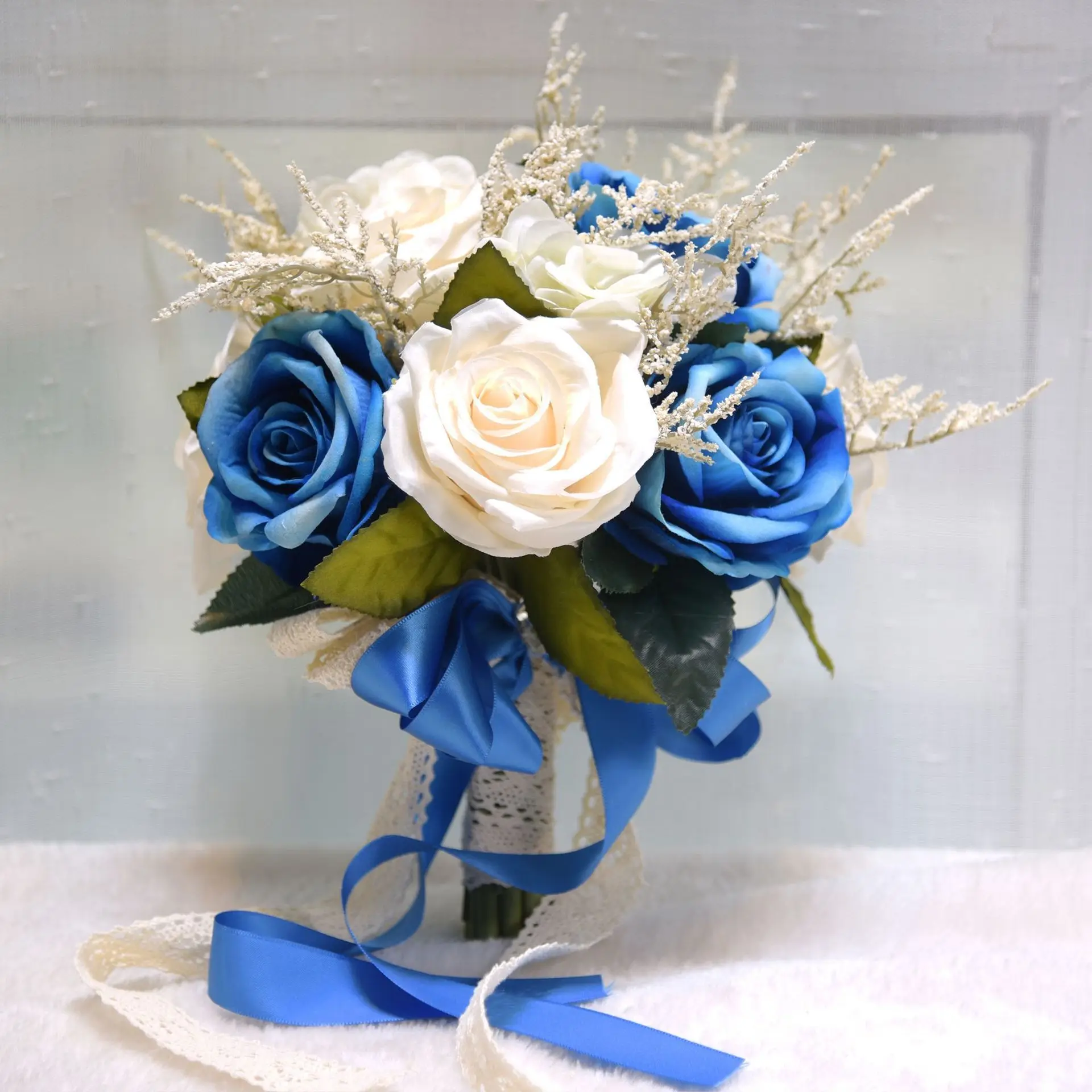 Holding Flowers Artificial Natural Rose Wedding Bouquet with Silk Satin Ribbon Pink White Champagne Bridesmaid Bridal Party