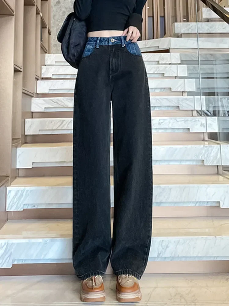 여성용 스플라이스드 하이웨이스트 청바지, 블랙 와이드 레그 롱 데님 팬츠, 여성용 빈티지 데님 모핑 바지, 2023 신상