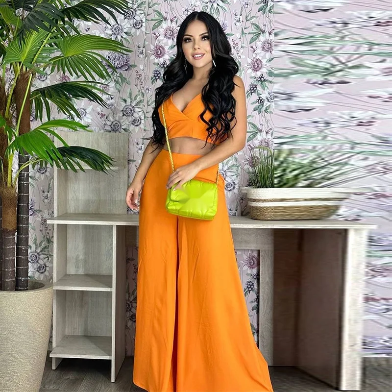 European and American Women's Clothing   Two-piece Set with Solid Color Suspender Vest  High Waist Insert Pocket  Wide Leg Pants
