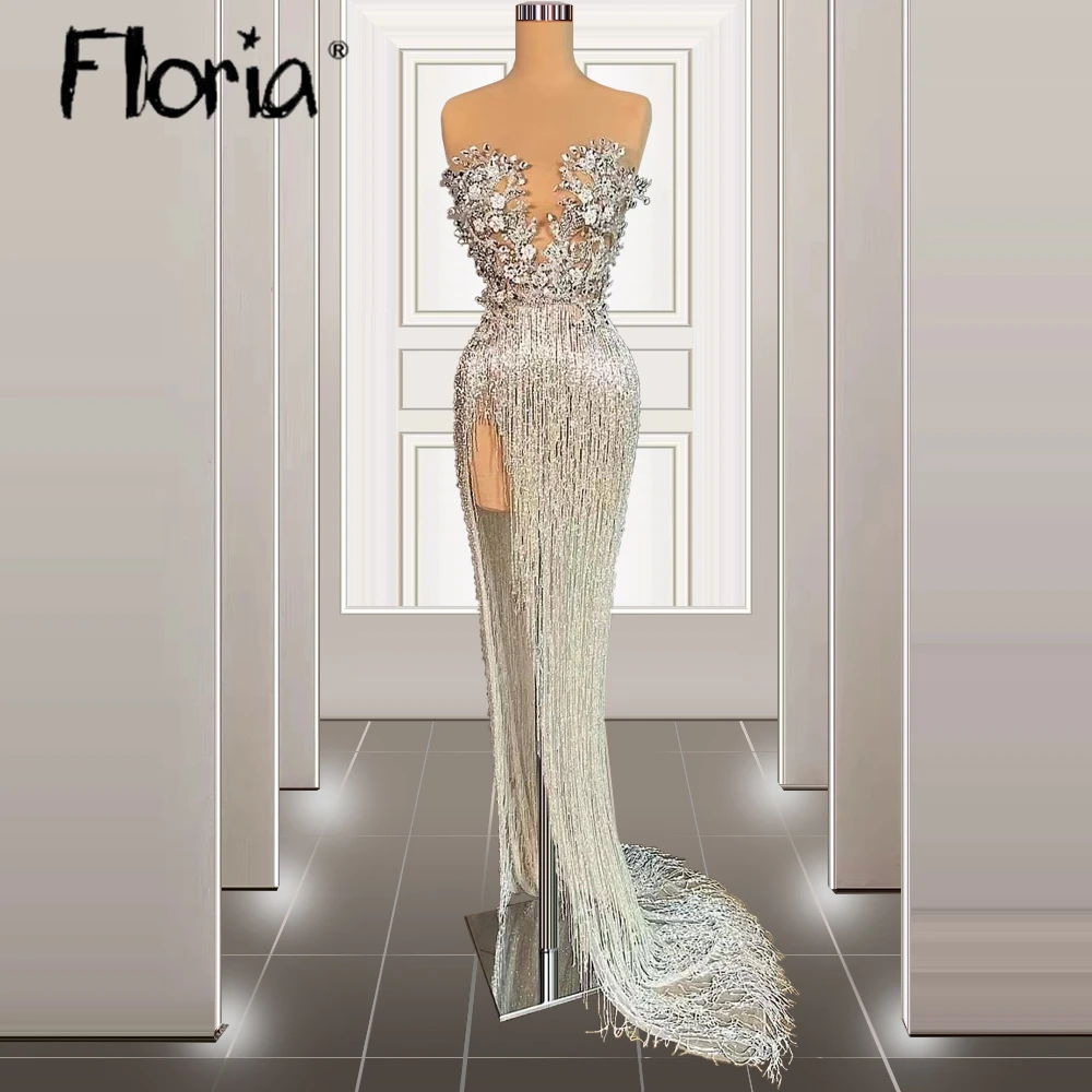 

Blingbling Silver Tassels Luxury Evening Dress Newest 2023 High Side Split Party Gowns Crystals Beaded Special Occasion Dresses