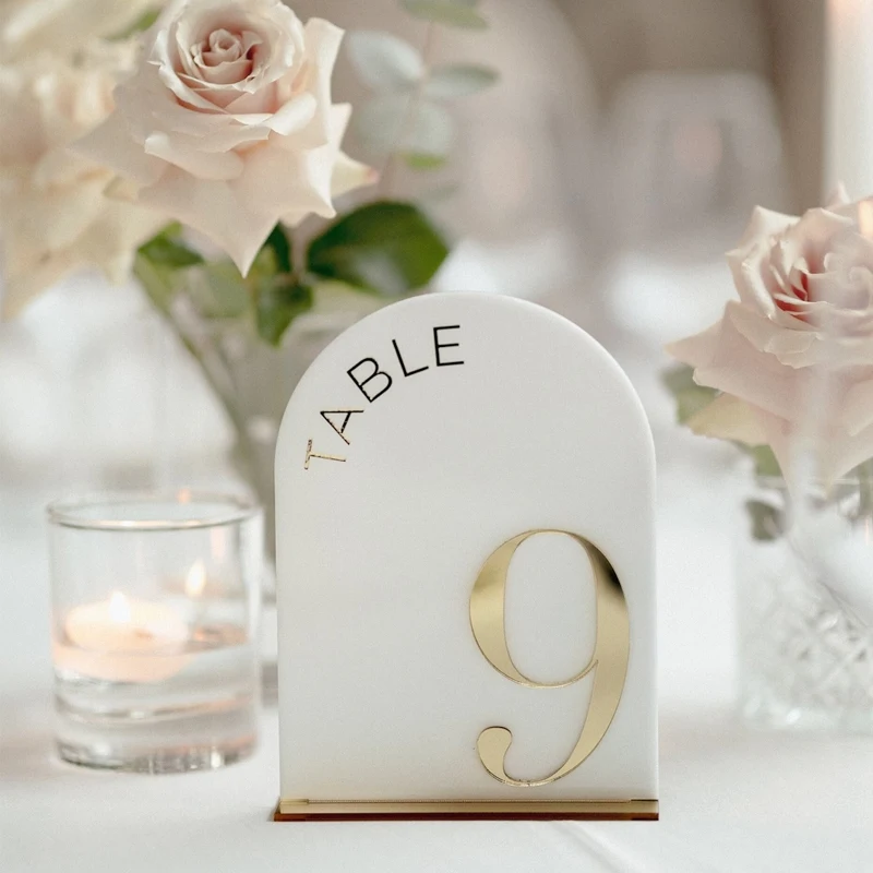 

White Acrylic Table Numbers,Wedding Table Numbers with Gold Stand,3D Gold Mirror Numbers,Arched Table Signs,Wedding Reception