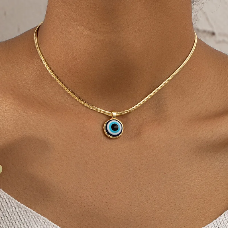 

Fashion Round Evil Eye Pendant Blade Necklace for Women Simple Snake Clavicle Chain Choker Collar Turkish Jewelry Lucky Gift