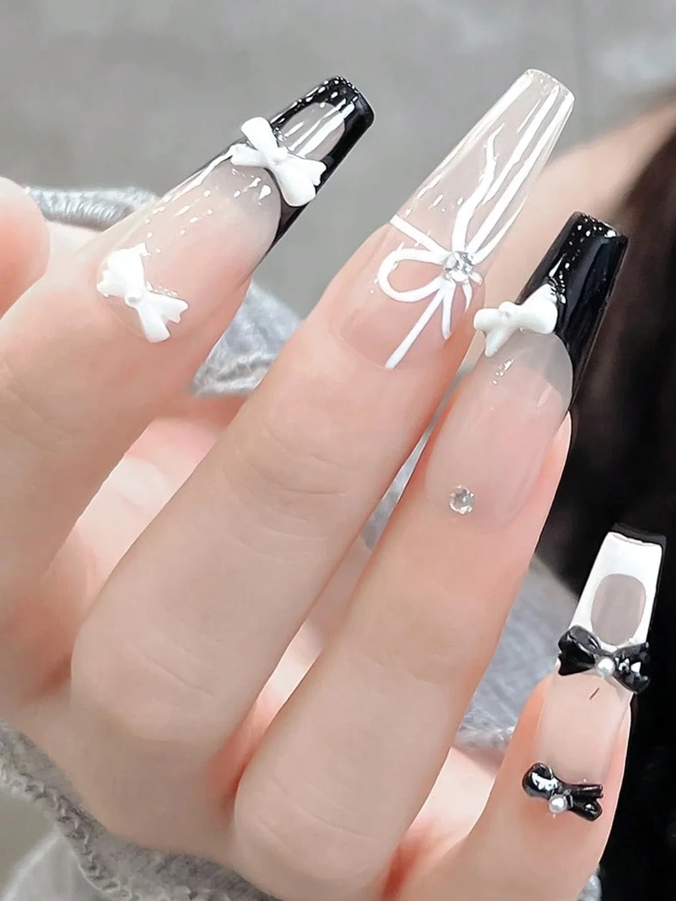 믹스 컬러 보우와 진주 한국 스타일 네일 아트 참 3D 핑크 블랙 화이트 보우 매듭 네일 액세서리 DIY 디자인