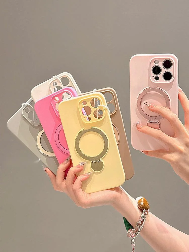 Premium solid color magnetic rotating folding stand suitable for 16 Promax phone case iPhone liquid silicone 15_voghion.com