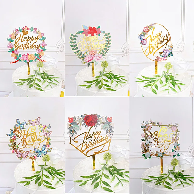 

ins Flowers Cake Topper Happy Birthday Gold kids Birthday Party Cake Insert Acrylic Cake Topper Wedding Cakes Dessert Decoration