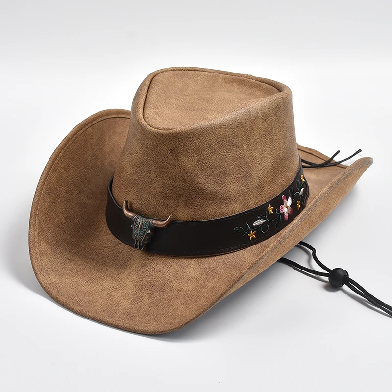 Cappello Da Cowboy In Finta Pelle Scamosciata Marrone, Tesa Larga 7,6 Cm, Regolabile, Unisex, Con Fascia Turchese