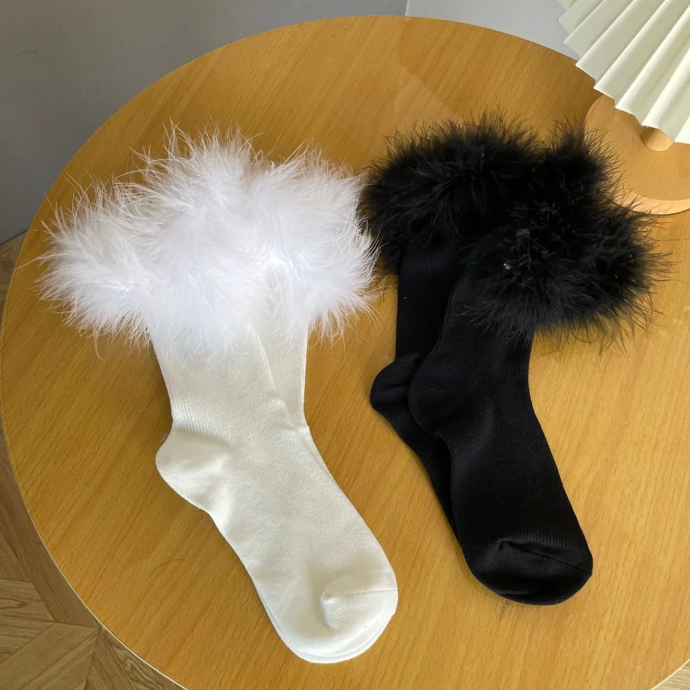 

Хлопковые Модные вязаные носки, новые дышащие однотонные носки с перьями, длинные носки для девочек