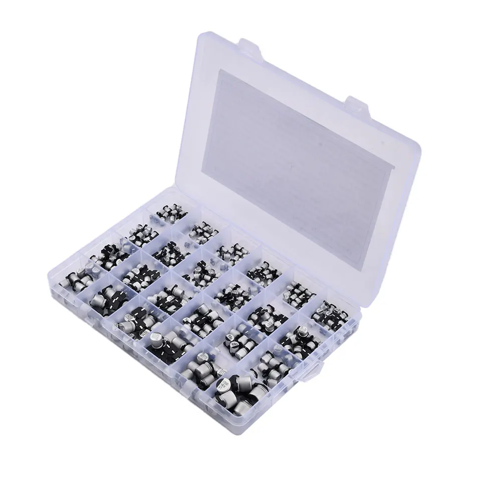 

1uF~1000uF 6.3V-50V 400Pcs 24Value SMD Aluminum Electrolytic Capacitors Assortment Kit+ Box