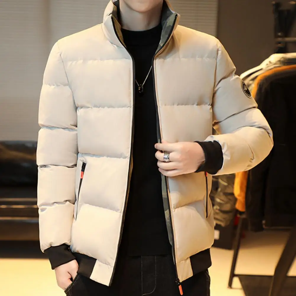 Men Thick Winter Coat Winter Men's Cotton Coat Thick Padded Windproof Warm with Stand Collar Neck Protection Zipper Closure