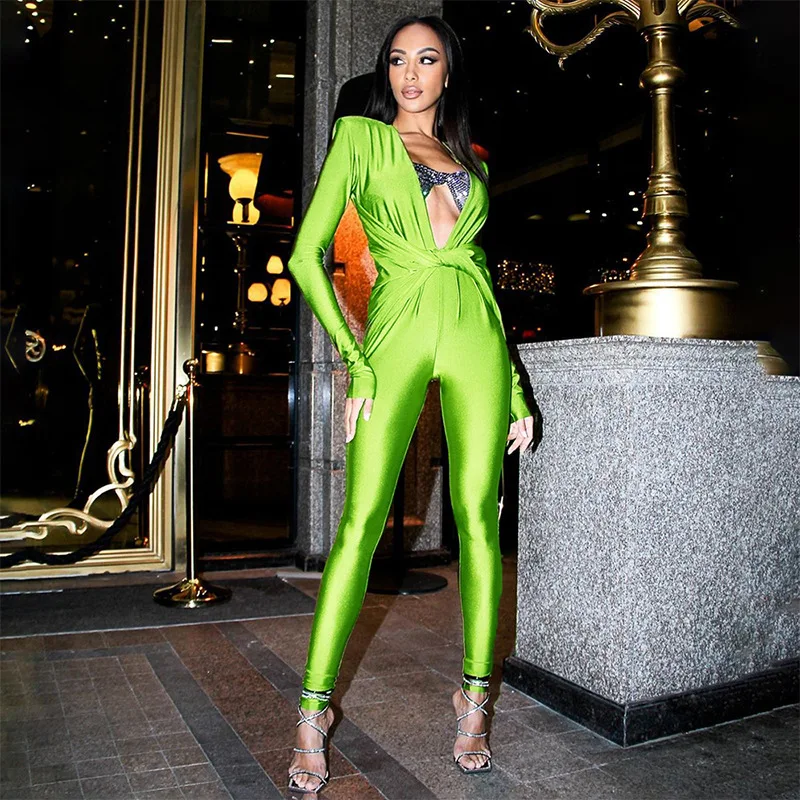 Fall Winter New Women Solid Color  Hollow-Out Long-Sleeved Deep V-Neck Hip-Lifting Sexy Skinny Bodycon Hot Girl Party Jumpsuit