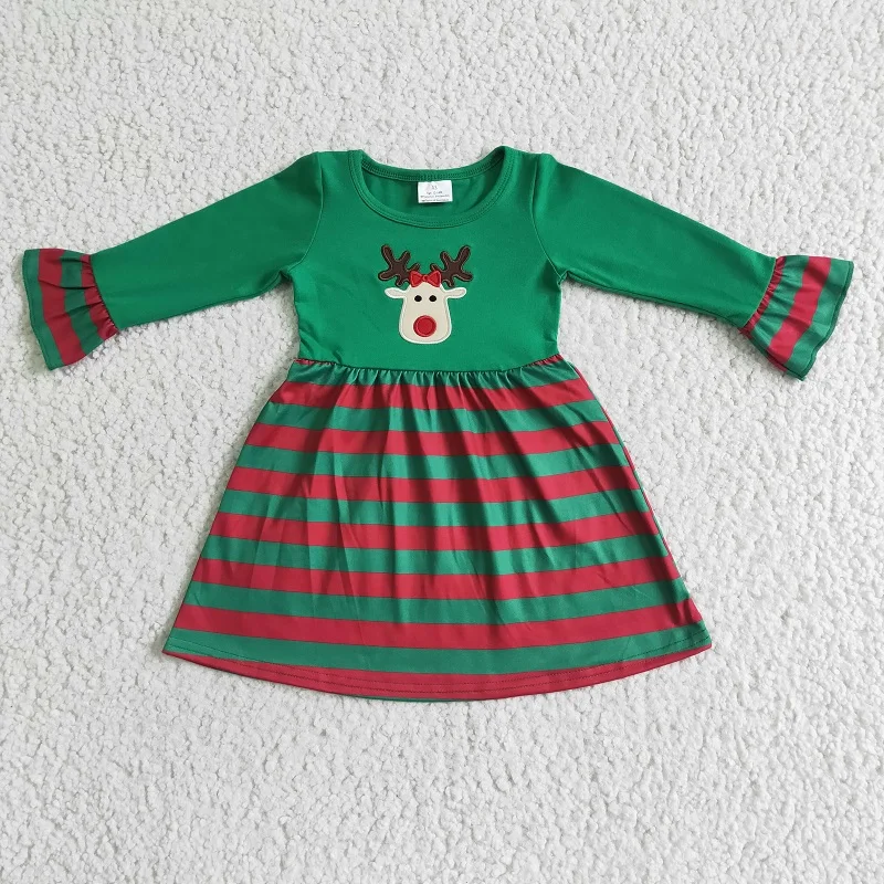 

Wholesale Baby Girl Christmas Embroidered Fawn Green Striped Dress Princess Clothing Children Infant Toddler New Clothes