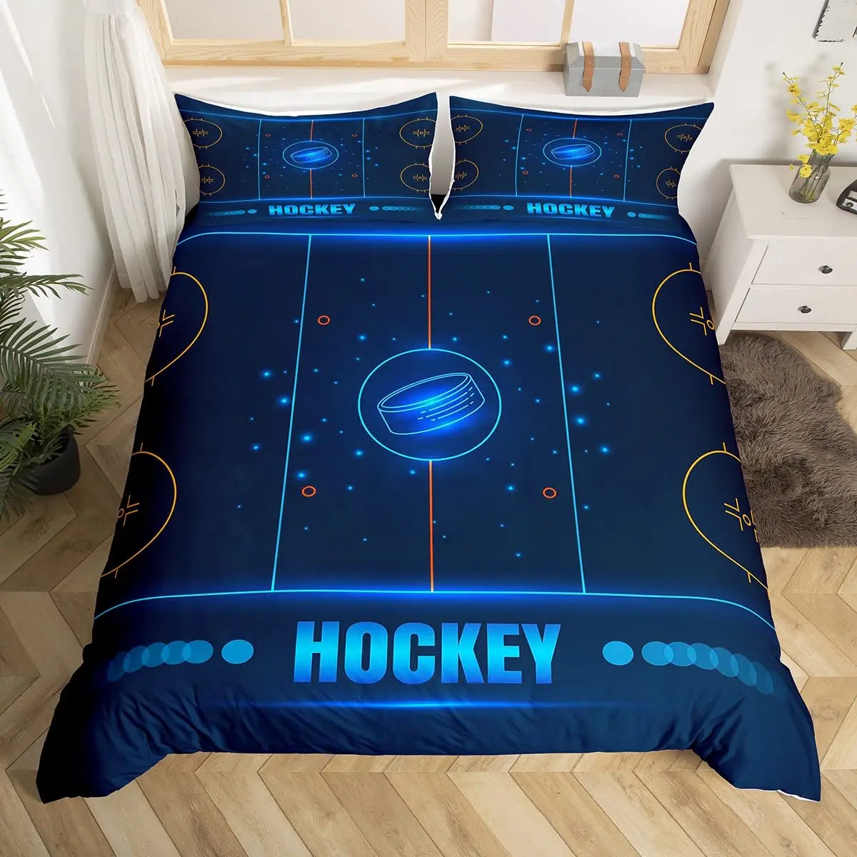 

Hockey Duvet Cover Set 3pcs Hockey Sports Comforter Cover Polyester Hockey Puck Ball King Queen Size Quilt Cover for Kids Boys
