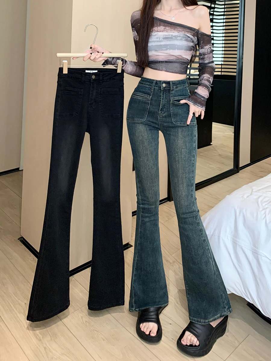 Real time photo of high waisted elastic retro micro horn jeans for women in autumn 2023, nostalgic and slim fitting, showing hei