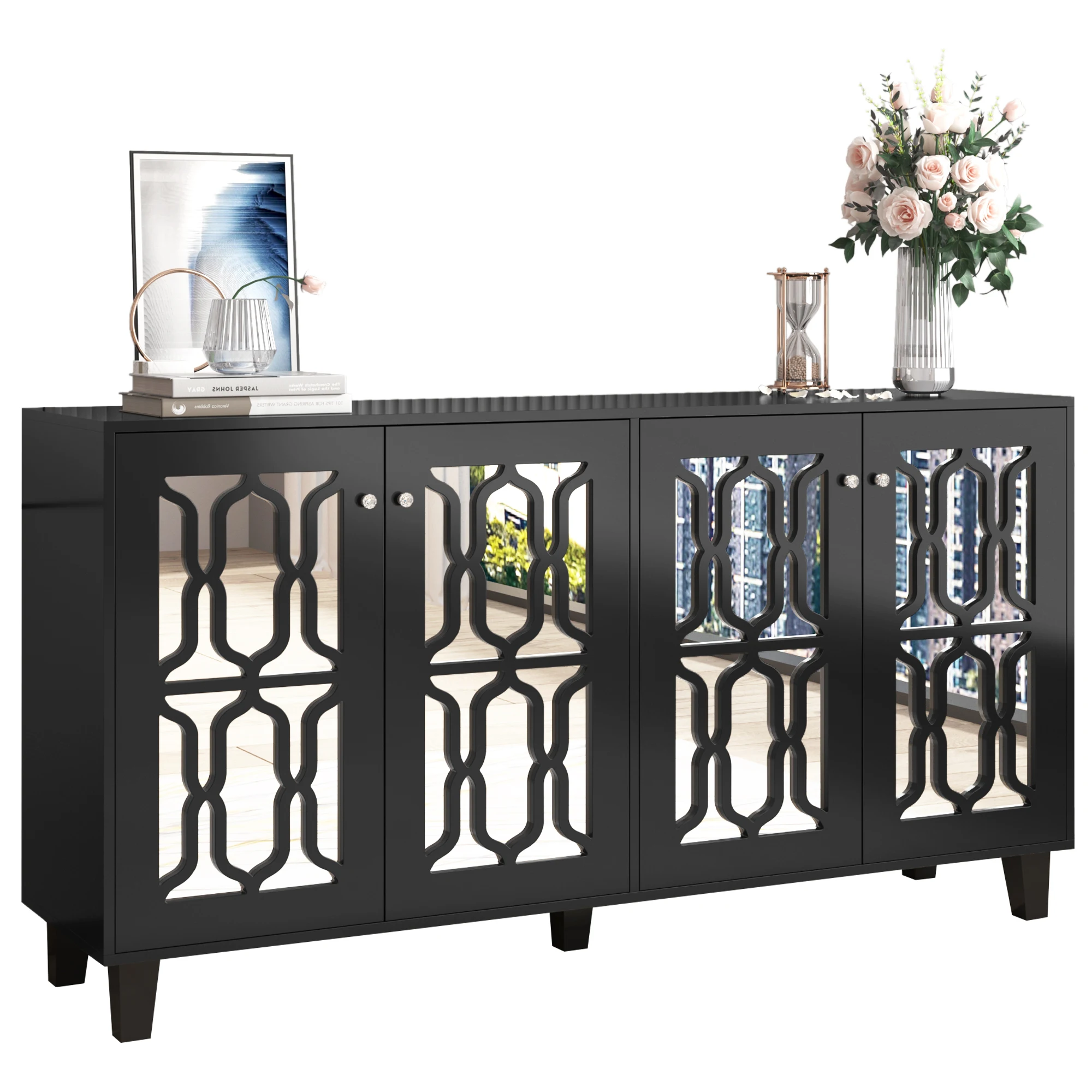 Schwarzes Sideboard mit Spiegeleffekt und coolen Kristallgriffen, vier Türen, mit beweglichem Laminat. Für Wohn- und Esszimmer, 160 x 40 x 84 cm – Detail 10
