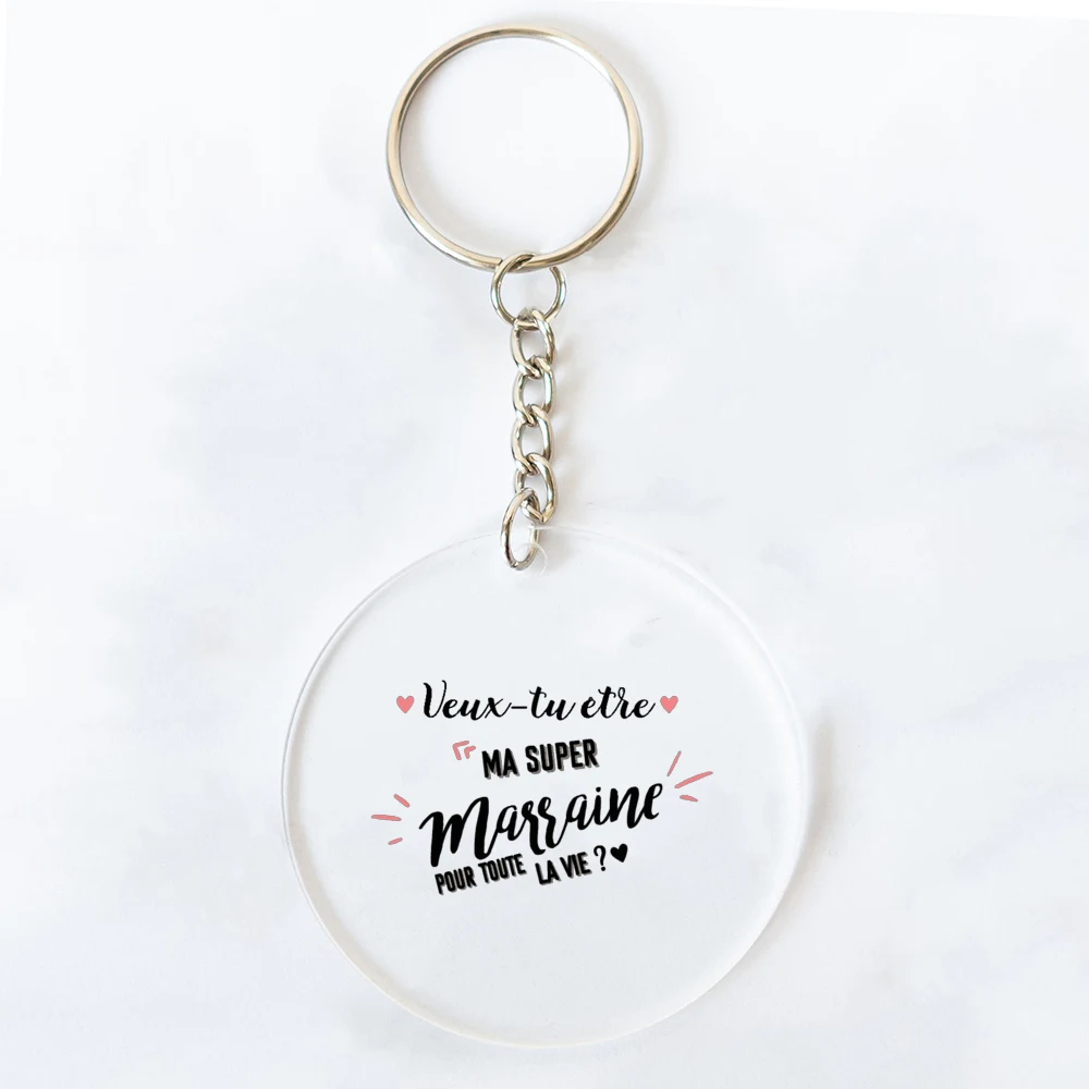Best Godmother In World Print Keychain Circle Monogram Acrylic Keyring Fashion Key Chain Festive Birthday Gifts for Marraine