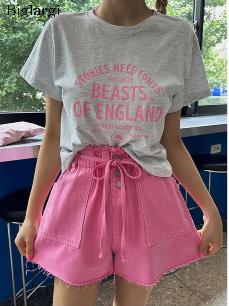 

Джинсовые летние мини розовые женские шорты с оборками, Модные свободные плиссированные женские брюки с высокой талией, женские джинсовые шорты с широкими штанинами в Корейском стиле