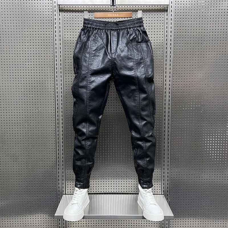 Men Trousers Men's Winter Luxury Korean Style Thermal Line Brushed Long Pants Slim Fitting Thickened Black PU Leather Trousers