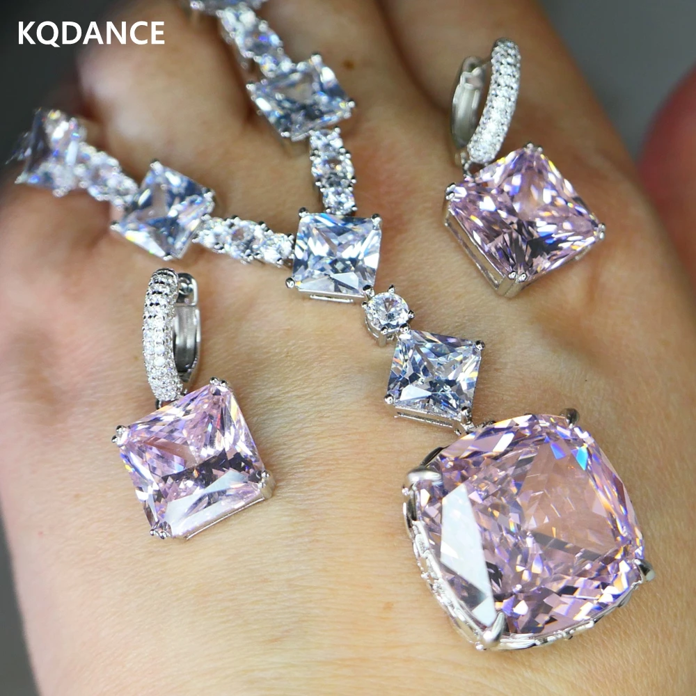 KQDANCE Large Square Simulated Lab Pink Crystal Diamond Copper Necklace And 925 Silver Earrings Sparkling Bridal Jewelry Set