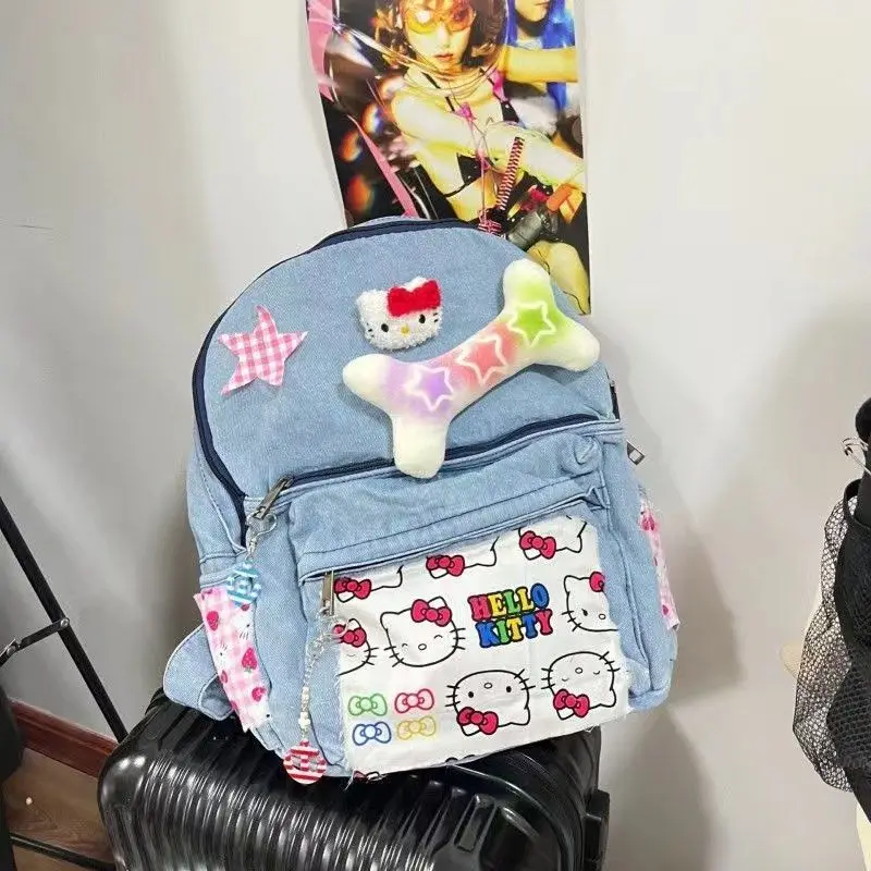 MBTI Y2k Hello Kitty Womens Backpack Original Denim Vintage Patchwork Sweet Harajuku Casual Backpacks Female New Aesthetic Bags