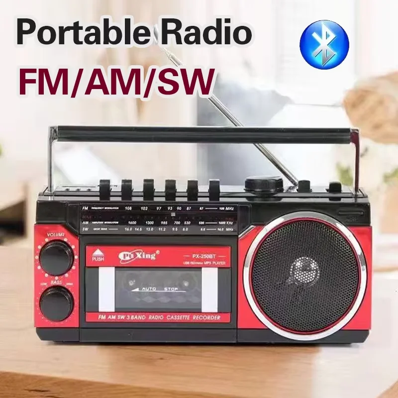 PX-250BT 휴대용 블루투스 스피커 (TF 카드, USB 지원) 257*98*120MM 라디오/녹음 기능 FM/AM/SW 3밴드 라디오 수신 카세트 테이프 재생