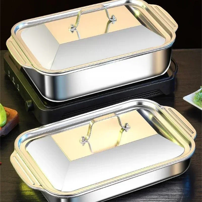 304 Stainless Steel Grilled Fish and Crayfish Tray with Lid Rectangular Induction Cooker Deep Dish BBQ Beef Food Plate